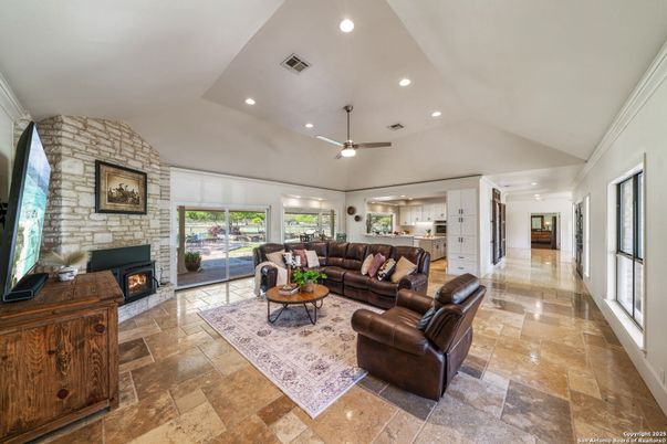 Fireplace, Interior, Living room, Recessed Lighting, Stone Walls