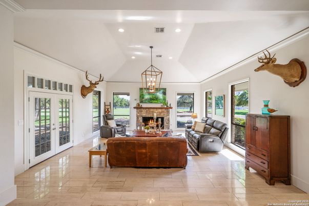 Fireplace, Interior, Living room, Pendant Lights, Recessed Lighting, Wood Texture Flooring