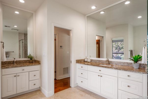 Bathroom, Dual Sink Vanities, Interior, Recessed Lighting, Wood Texture Flooring