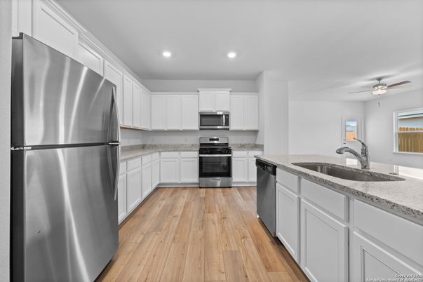 Interior, Kitchen, Recessed Lighting, Stainless Steel Appliances, Wood Texture Flooring