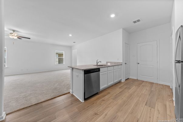 Empty room, Interior, Kitchen, Recessed Lighting, Wood Texture Flooring