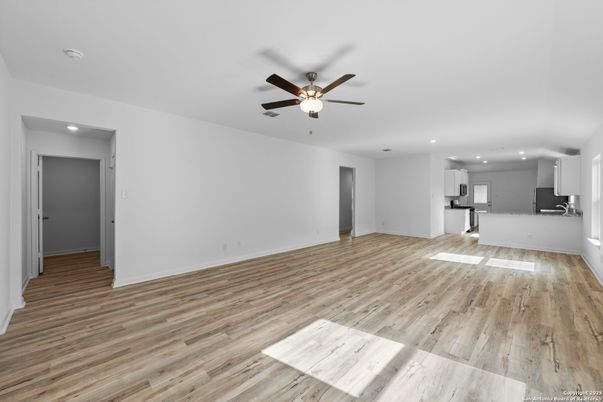 Empty room, Interior, Kitchen, Recessed Lighting, Wood Texture Flooring