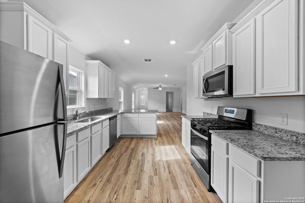 Interior, Kitchen, Recessed Lighting, Stainless Steel Appliances, Wood Texture Flooring