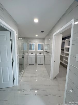 Bathroom, Glass Shower, Interior, Marble, Marble Walls, Recessed Lighting