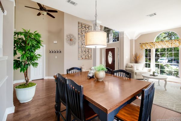 Dining room, Interior, Pendant Lights, Wood Texture Flooring