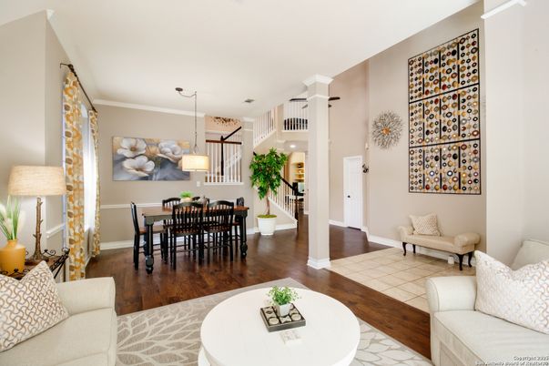Dining room, Interior, Living room, Pendant Lights, Wood Texture Flooring