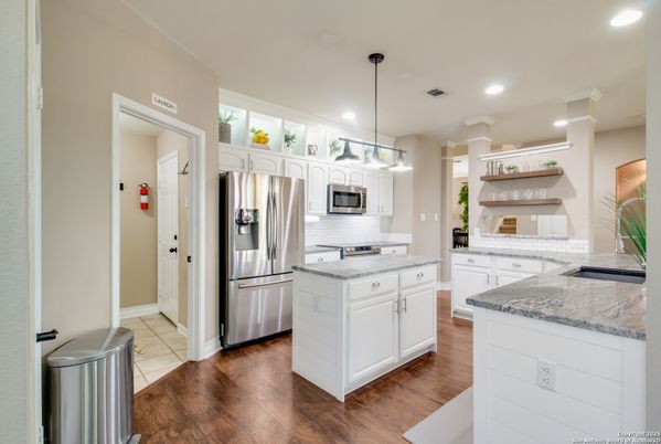 Interior, Kitchen, Pendant Lights, Recessed Lighting, Stainless Steel Appliances, Wood Texture Flooring