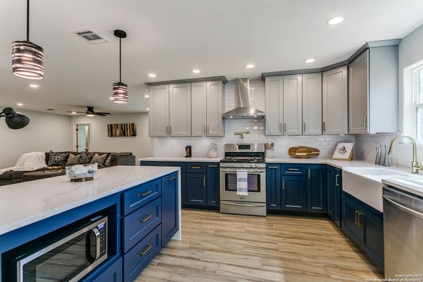 Interior, Kitchen, Pendant Lights, Recessed Lighting, Stainless Steel Appliances, Wood Texture Flooring