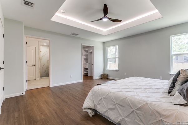 Bedroom, Interior, Recessed Lighting, Wood Texture Flooring