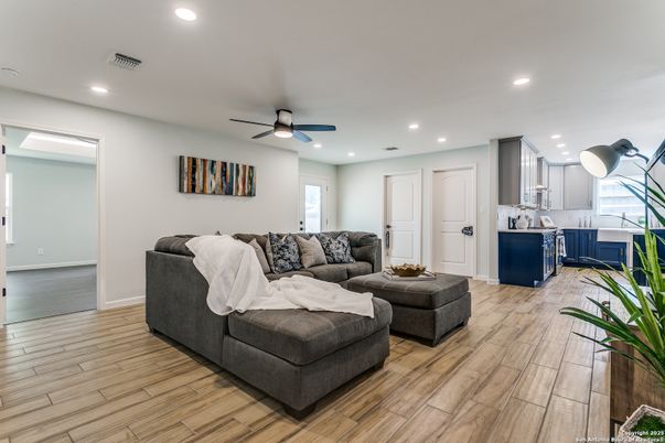 Interior, Kitchen, Living room, Recessed Lighting, Wood Texture Flooring