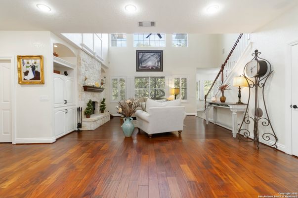 Fireplace, Interior, Living room, Recessed Lighting, Wood Texture Flooring