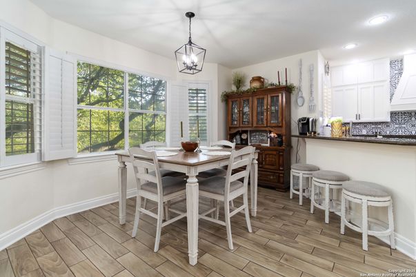 Dining room, Interior, Pendant Lights, Recessed Lighting, Wood Texture Flooring