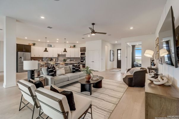 Interior, Kitchen, Living room, Pendant Lights, Recessed Lighting, Stainless Steel Appliances, Wood Texture Flooring