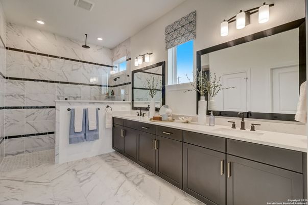 Bathroom, Dual Sink Vanities, Glass Shower, Interior, Marble, Marble Walls, Recessed Lighting
