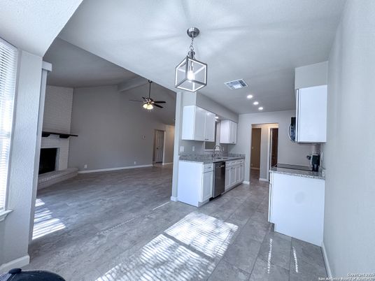 Fireplace, Interior, Kitchen, Pendant Lights, Recessed Lighting