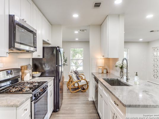 Interior, Kitchen, Recessed Lighting, Stainless Steel Appliances, Wood Texture Flooring