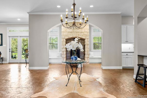 Chandelier, Fireplace, Interior, Recessed Lighting, Stone Walls