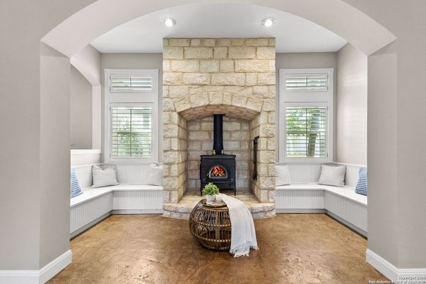 Fireplace, Interior, Living room, Recessed Lighting, Stone Walls