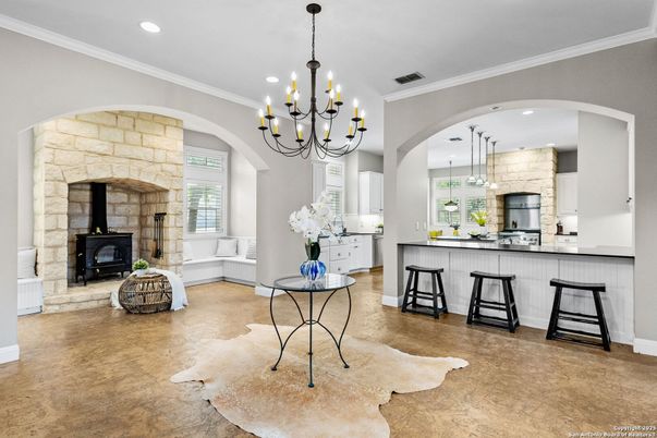 Chandelier, Fireplace, Interior, Kitchen, Pendant Lights, Recessed Lighting, Stone Walls