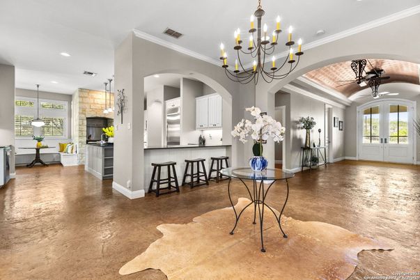 Chandelier, Interior, Kitchen, Pendant Lights, Recessed Lighting, Stainless Steel Appliances, Wood Texture Flooring