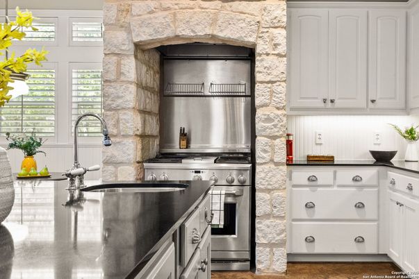 Interior, Kitchen, Stainless Steel Appliances, Stone Walls, Wood Texture Flooring