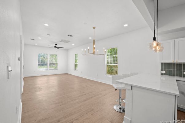 Chandelier, Interior, Kitchen, Pendant Lights, Recessed Lighting, Wood Texture Flooring