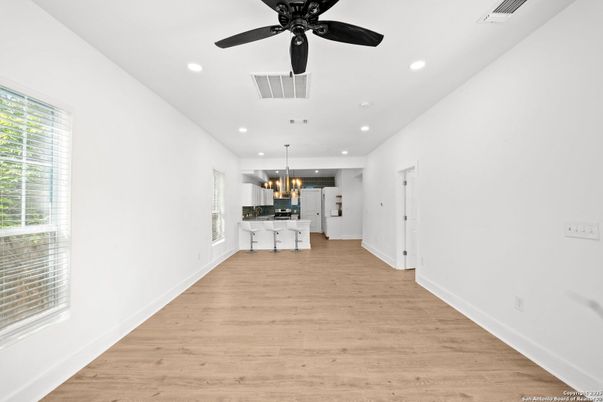 Chandelier, Empty room, Interior, Kitchen, Recessed Lighting, Wood Texture Flooring