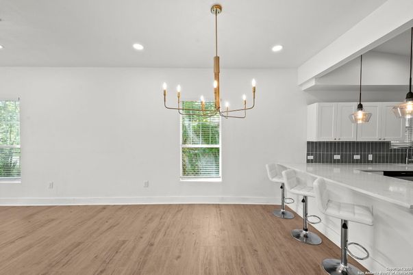 Chandelier, Interior, Kitchen, Pendant Lights, Recessed Lighting, Wood Texture Flooring