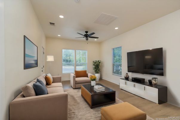 Interior, Living room, Recessed Lighting, Wood Texture Flooring