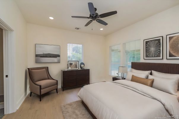 Bedroom, Interior, Recessed Lighting, Wood Texture Flooring