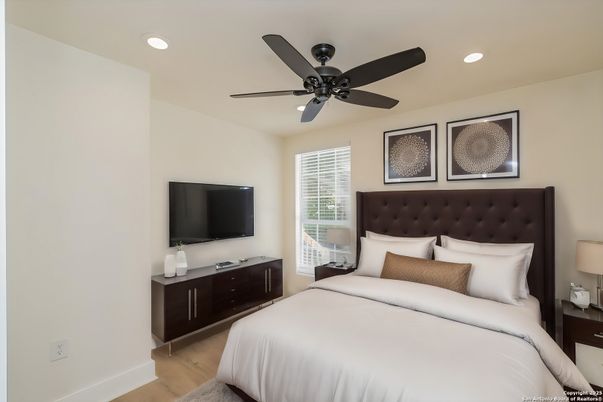 Bedroom, Interior, Recessed Lighting, Wood Texture Flooring