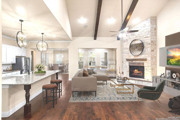 Dining room, Fireplace, Interior, Kitchen, Living room, Pendant Lights, Recessed Lighting, Stainless Steel Appliances, Stone Walls, Wooden Beams, Wood Texture Flooring