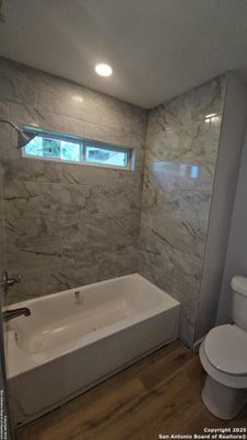 Bathroom, Interior, Marble Walls, Recessed Lighting, Wood Texture Flooring