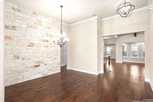 Chandelier, Empty room, Interior, Pendant Lights, Stone Walls, Wood Texture Flooring