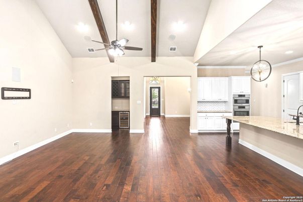 Interior, Kitchen, Pendant Lights, Recessed Lighting, Stainless Steel Appliances, Wooden Beams, Wood Texture Flooring