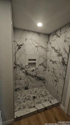 Bathroom, Interior, Marble Walls, Recessed Lighting, Wood Texture Flooring