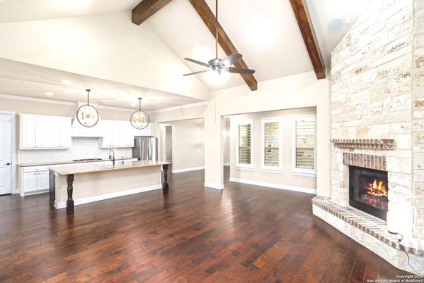 Fireplace, Interior, Kitchen, Pendant Lights, Recessed Lighting, Stone Walls, Wooden Beams, Wood Texture Flooring