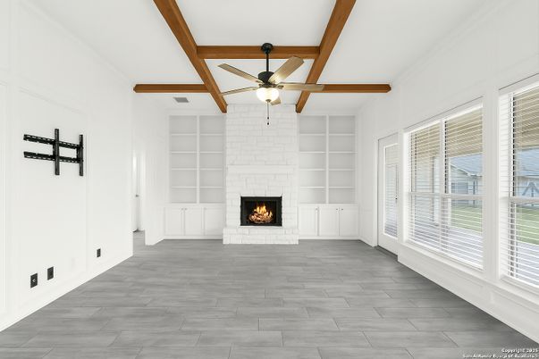 Empty room, Fireplace, Interior, Wooden Beams, Wood Texture Flooring
