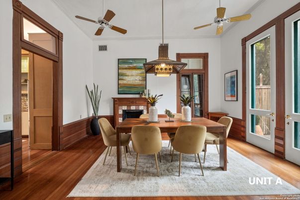 Dining room, Fireplace, Interior, Pendant Lights, Wood Texture Flooring