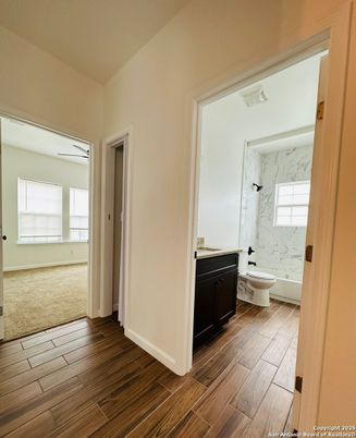 Bathroom, Interior, Marble Walls, Wood Texture Flooring