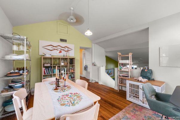 Dining room, Interior, Pendant Lights, Wood Texture Flooring