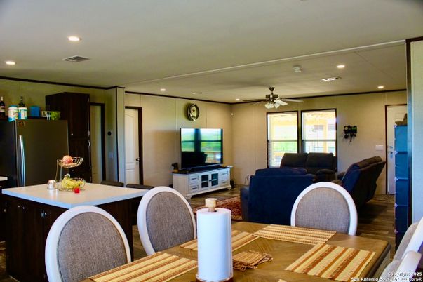 Dining room, Interior, Living room, Recessed Lighting, Wood Texture Flooring