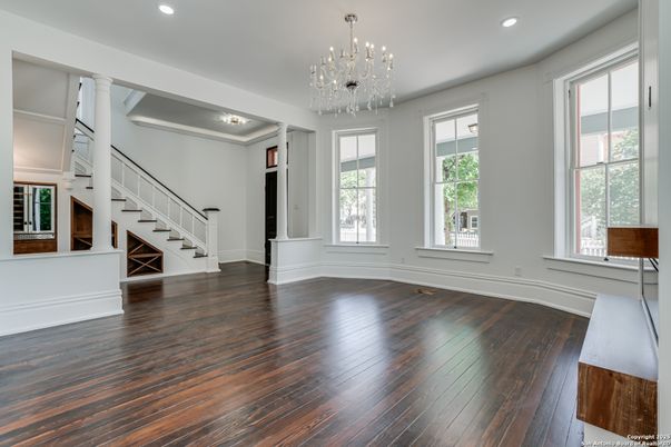 Chandelier, Empty room, Interior, Recessed Lighting, Wood Texture Flooring