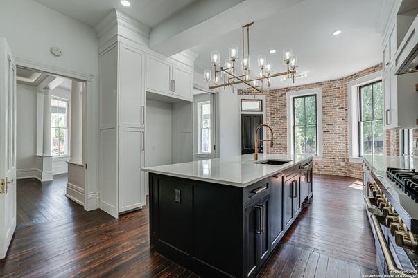 Interior, Kitchen, Pendant Lights, Recessed Lighting, Stone Walls, Wood Texture Flooring