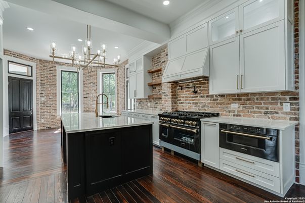 Interior, Kitchen, Recessed Lighting, Stainless Steel Appliances, Stone Walls, Wood Texture Flooring