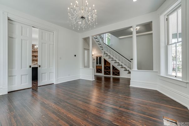 Chandelier, Empty room, Interior, Recessed Lighting, Wood Texture Flooring