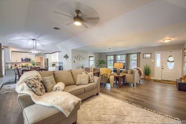 Dining room, Interior, Kitchen, Living room, Pendant Lights, Wood Texture Flooring