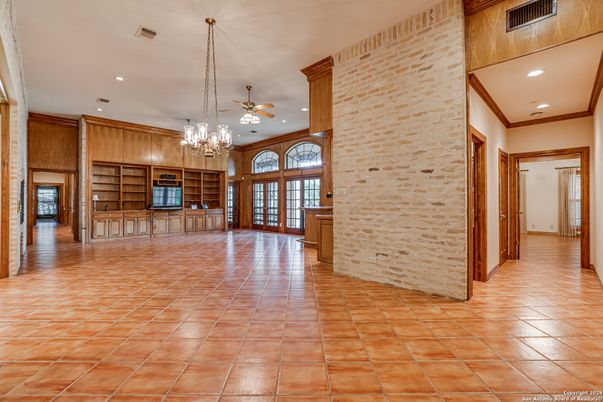 Chandelier, Empty room, Interior, Pendant Lights, Recessed Lighting, Stone Walls