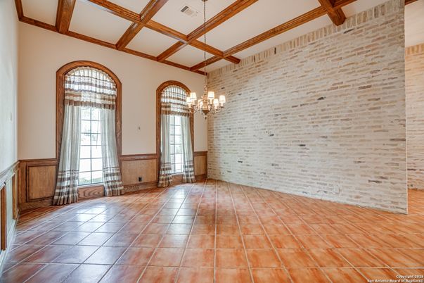 Chandelier, Empty room, Interior, Stone Walls, Wooden Beams
