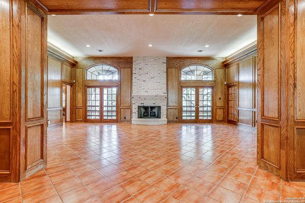 Empty room, Fireplace, Interior, Recessed Lighting, Stone Walls